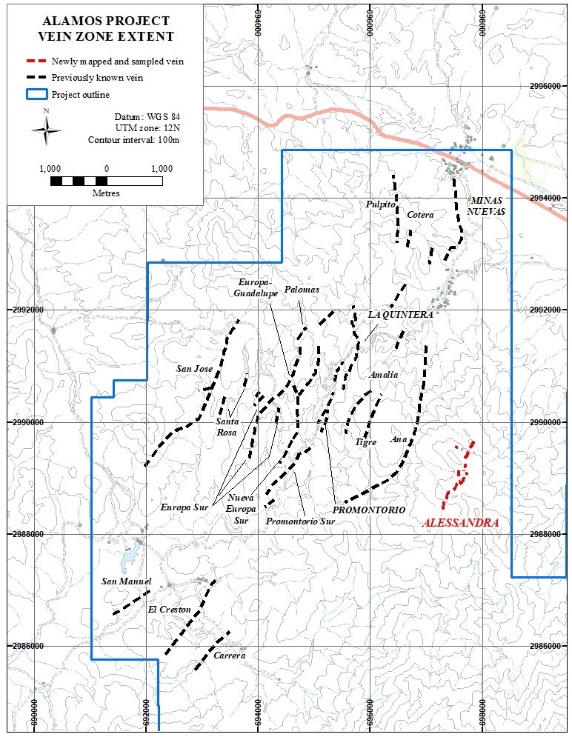 Figure 1.  Alamos project, showing previously known vein zones and newly mapped and sampled Alessandra vein zone.