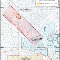 Alamos mining district, showing location of Aurífero project (red outline) in relation to Minaurum’s Alamos project (blue outline) and Cobre del Mayo’s Piedras Verdes porphyry copper mine (purple outline).  This image contains information about other properties in which Minaurum does not have an interest including Cobre del Mayo. Information about these properties is not necessarily indicative of the mineralization on the Company's properties.