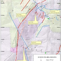Plan view of Europa Sur drilling. Mineralized intersections are sample lengths and not true widths