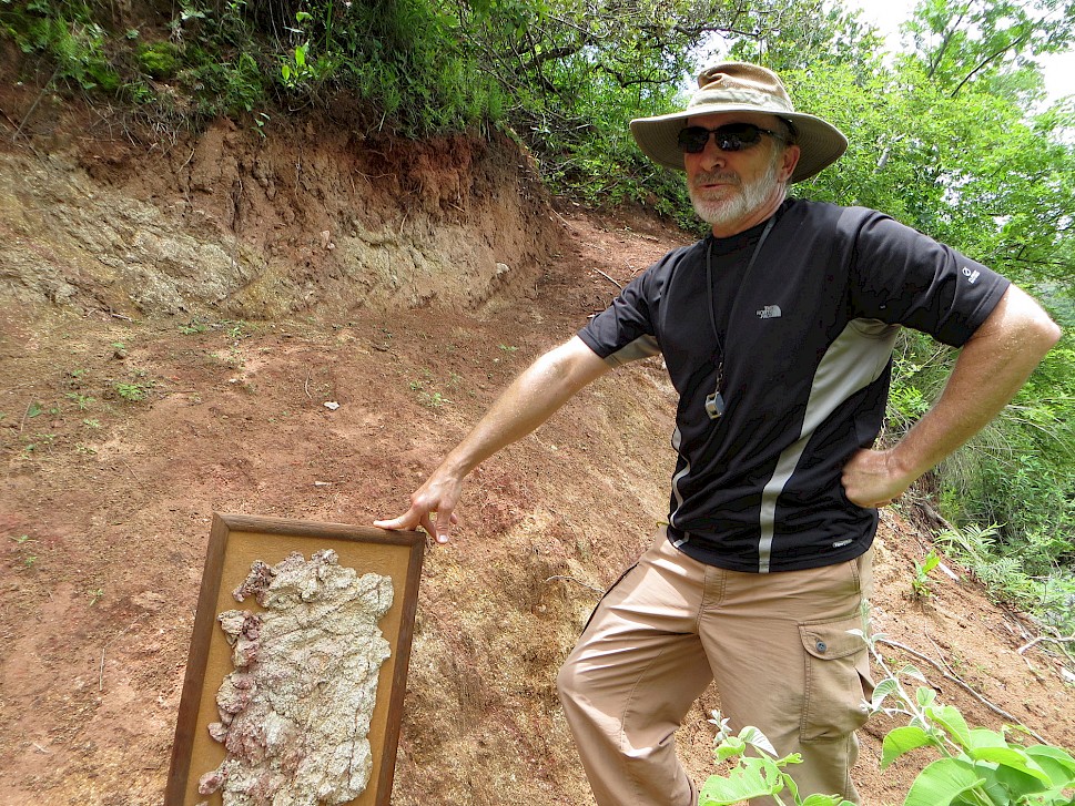 David M. Jones showcasing a Los Filos mineralized intrusion sample to Vuelcos surface intrusion outcrop indicating similar mineralization