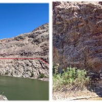 Portland mine, looking NNE.  East-dipping gold-bearing vein is marked by red lines in image on left.  Channel sampling of the exposed vein in the Portland pit yielded 2.8 m of 7.75 g/t Au and 3.0 m of 3.318 g/t Au.  In right-hand image, quartz veinlets in volcanic rocks in hanging wall of Portland vein