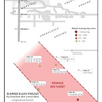 Long section of Lamas vein, showing Purísima workings (70 m behind section), drill intersections in undeveloped Lamas vein, and possible mineralized shoot (Terra Mines 1982 report).NOTE:GENERATED GRAPHIC, PLEASE REFER TO ORIGINAL HISTORICAL IMAGE.