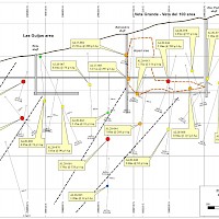 Longitudinal section of Promontorio vein zone drilling.  Note that the Promontorio vein dips 75-80 degrees away from the viewer.  The vein and drill intersections are projected to the vertical plane of the section.  Mineralized intersections are sample lengths and not true widths.